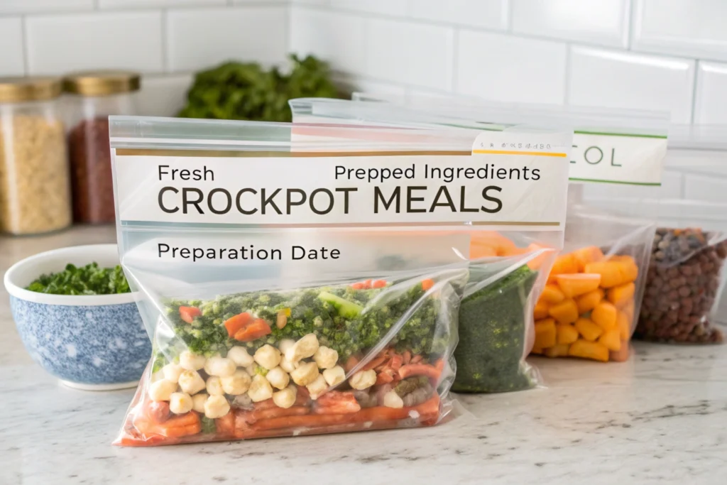 Labeled freezer bags filled with crockpot meal ingredients