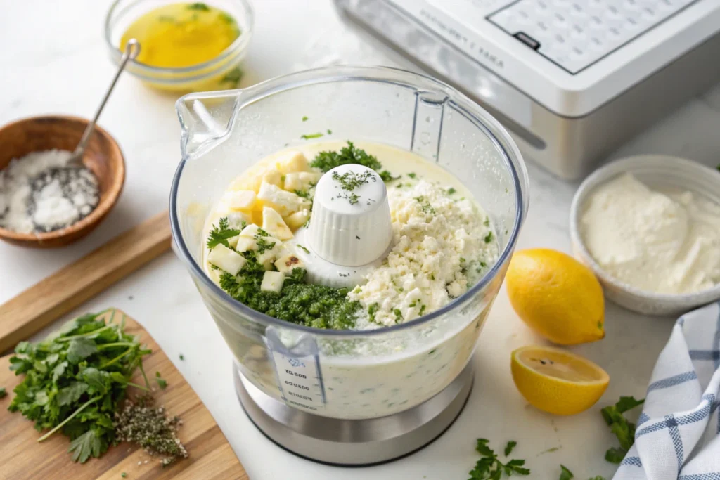 Creamy Greek salad dressing being prepared in a blender