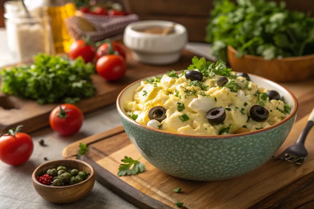 Mediterranean-style egg salad with Greek yogurt and olives.