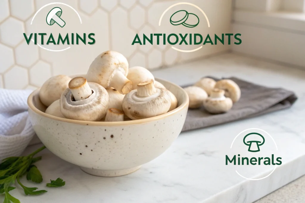 Button mushrooms in a bowl with nutritional information.