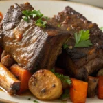 Beef short ribs seasoning with oxtail spices, served on a plate with garnishes.