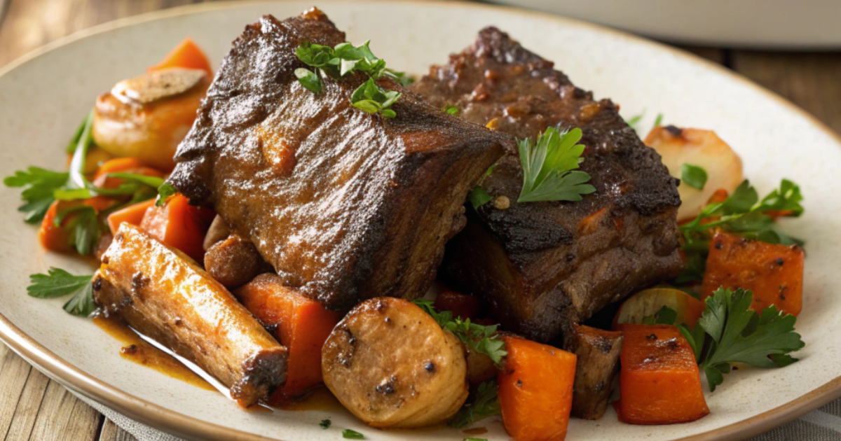 Beef short ribs seasoned with oxtail spices, served on a plate with garnishes.