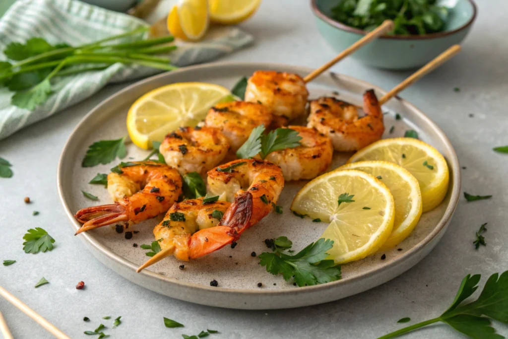 Grilled tiger shrimp on skewers with lemon slices