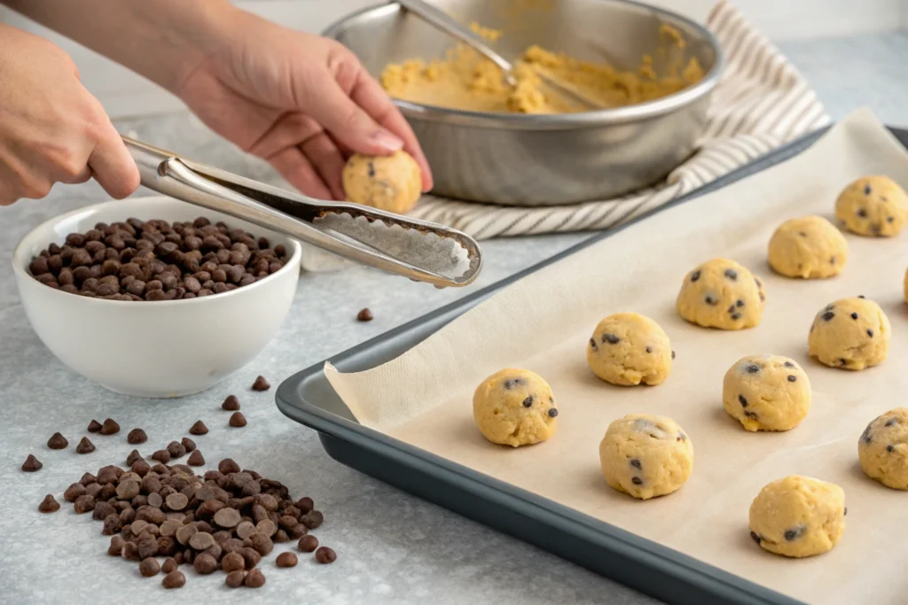  Cookie dough being scooped onto a baking sheet lined with parchment paper