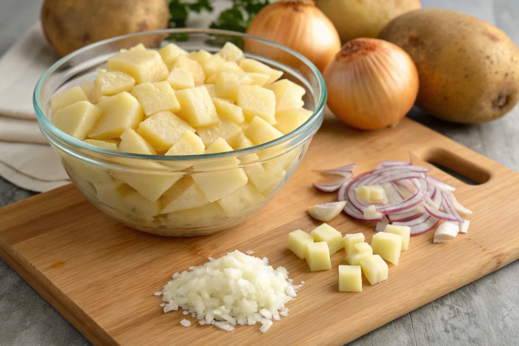 Peeled and diced potatoes prepared for Passover potato pie.