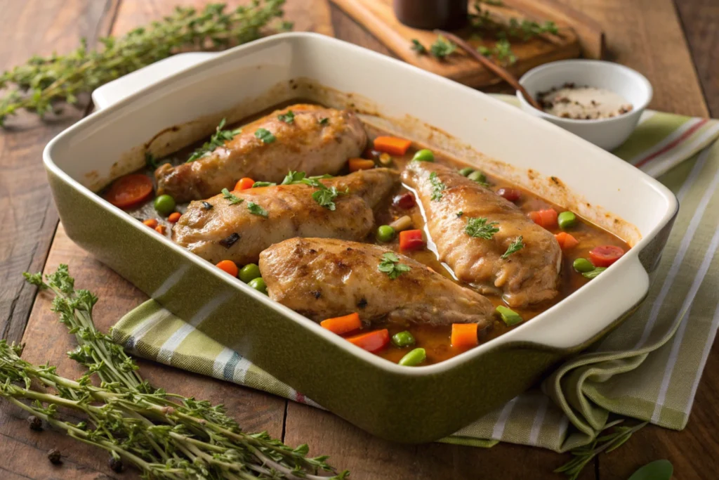 Turkey wings in a baking dish covered with gravy and vegetables