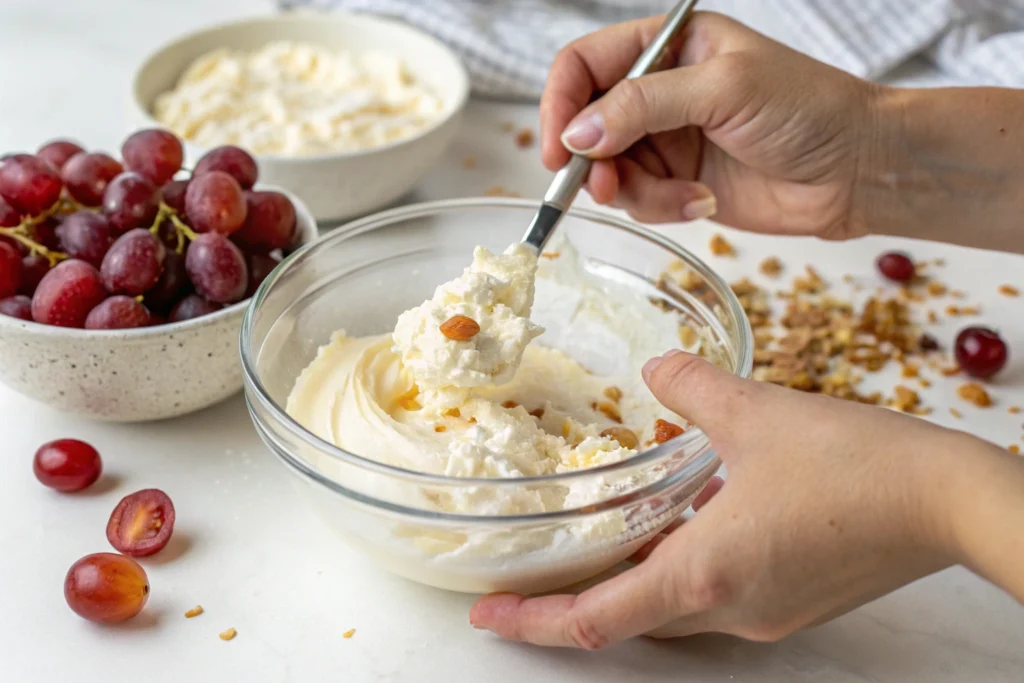 Mixing the creamy base for grape salad in a bowl