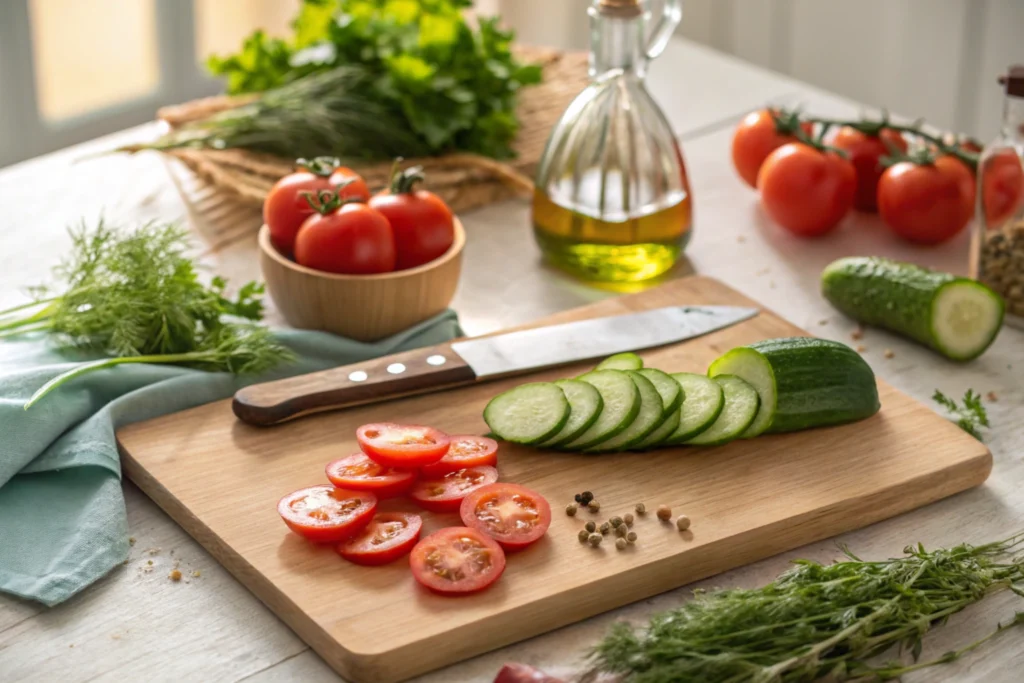 Freshly sliced cucumbers and tomatoes for Ina Garten's Greek salad.