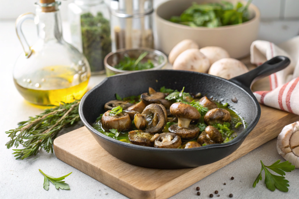 Button mushrooms being sautéed in a pan.