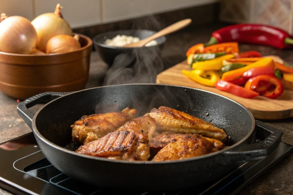 Searing turkey wings in a skillet on a stovetop