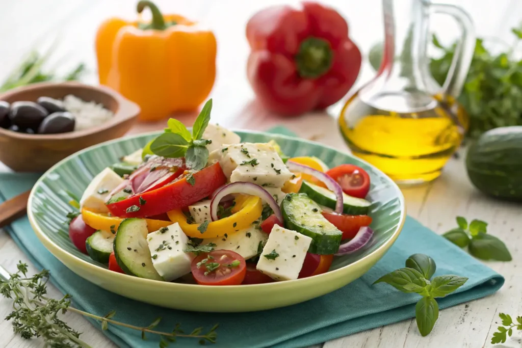 Seasonal Greek tortellini salad with fresh summer veggies.