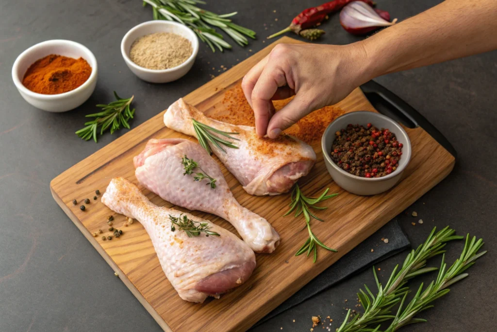 Turkey drumsticks being seasoned with spices and herbs on a cutting board