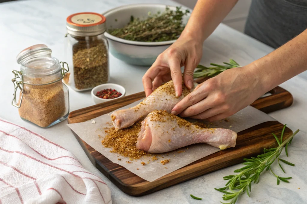 Turkey drumsticks being seasoned with olive oil and spices on a cutting board