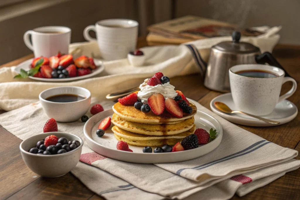 Cracker Barrel pancakes served with syrup and fresh fruits