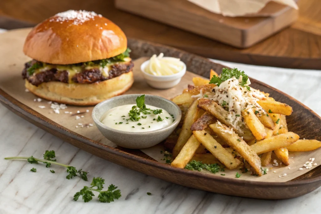 Truffle fries served with truffle aioli and a burger.