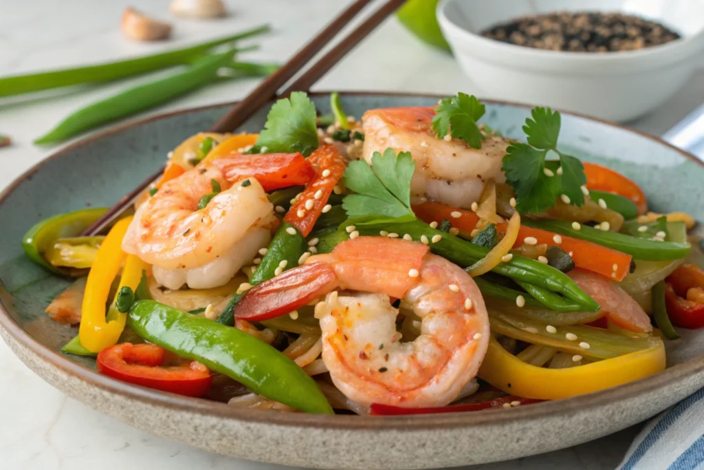 Stir-fried tiger shrimp with garlic and vegetables