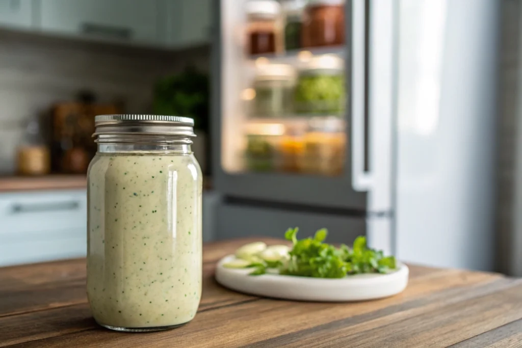 Creamy Greek salad dressing stored in a glass jar with a sealed lid