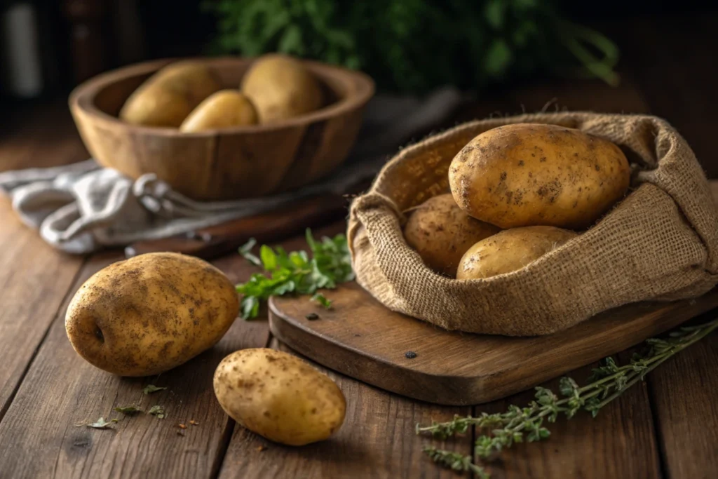 A display of Russet and Idaho potatoes for truffle fries.