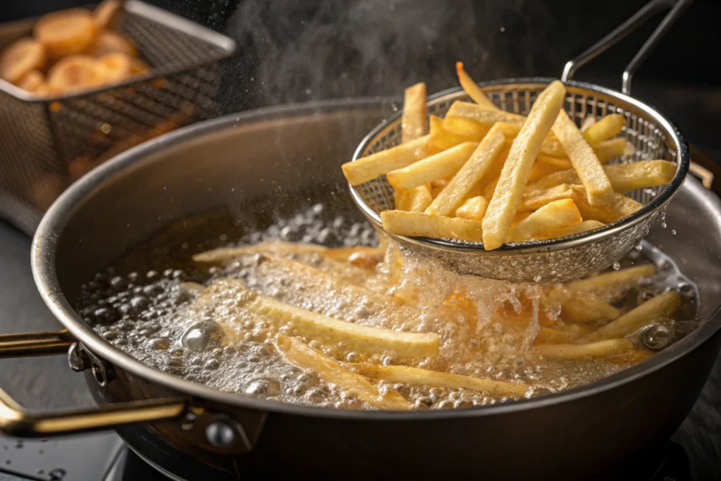 Fries being double-fried in a pot of hot oil.