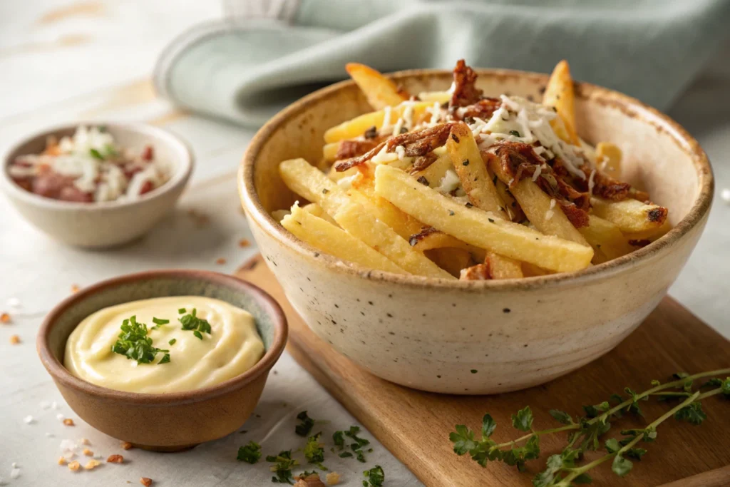  Parmesan truffle fries served in a rustic dish with dipping sauce.