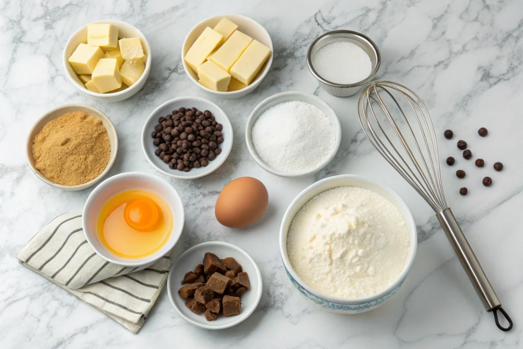 Ingredients for making cookies using pancake mix, including butter, sugar, and chocolate chips