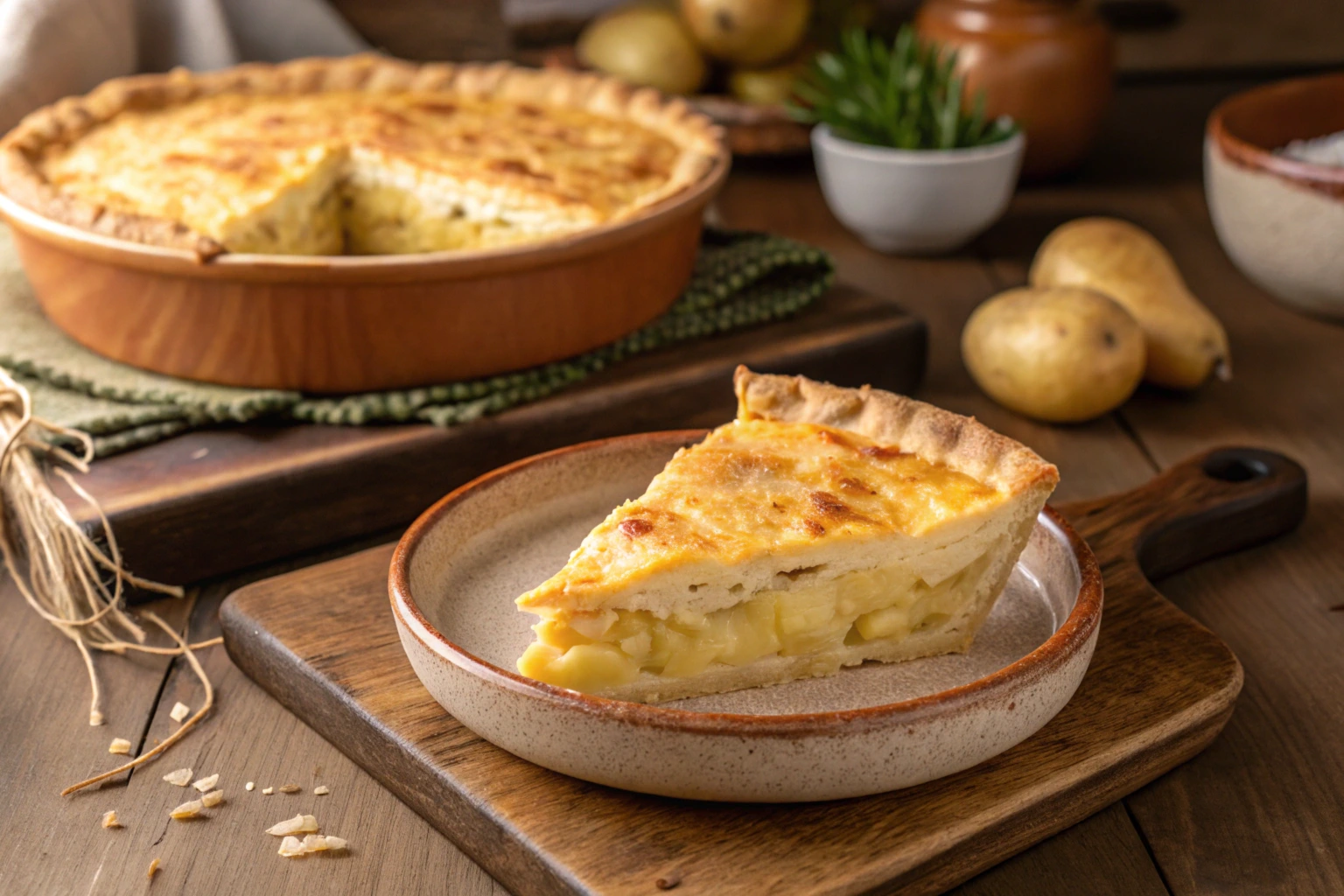 A freshly baked Passover potato pie served on a wooden table.