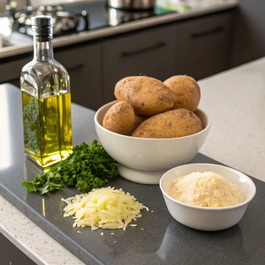 Ingredients for truffle fries, including potatoes and truffle oil.