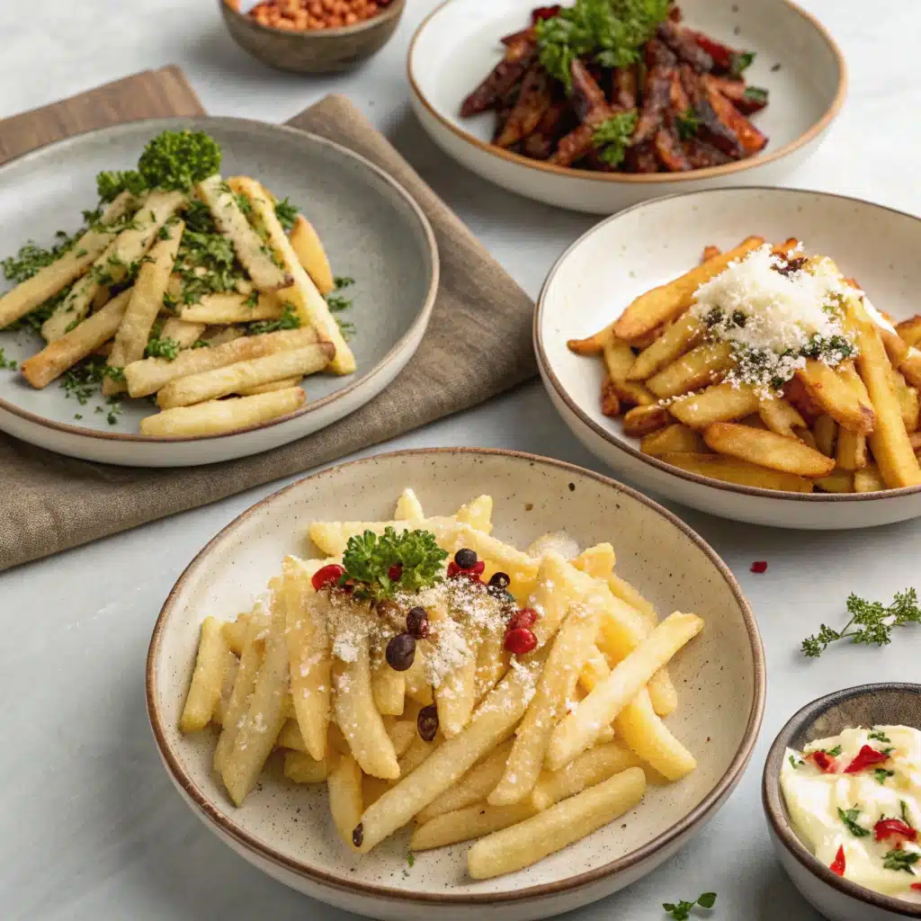  Different types of truffle fries on plates.