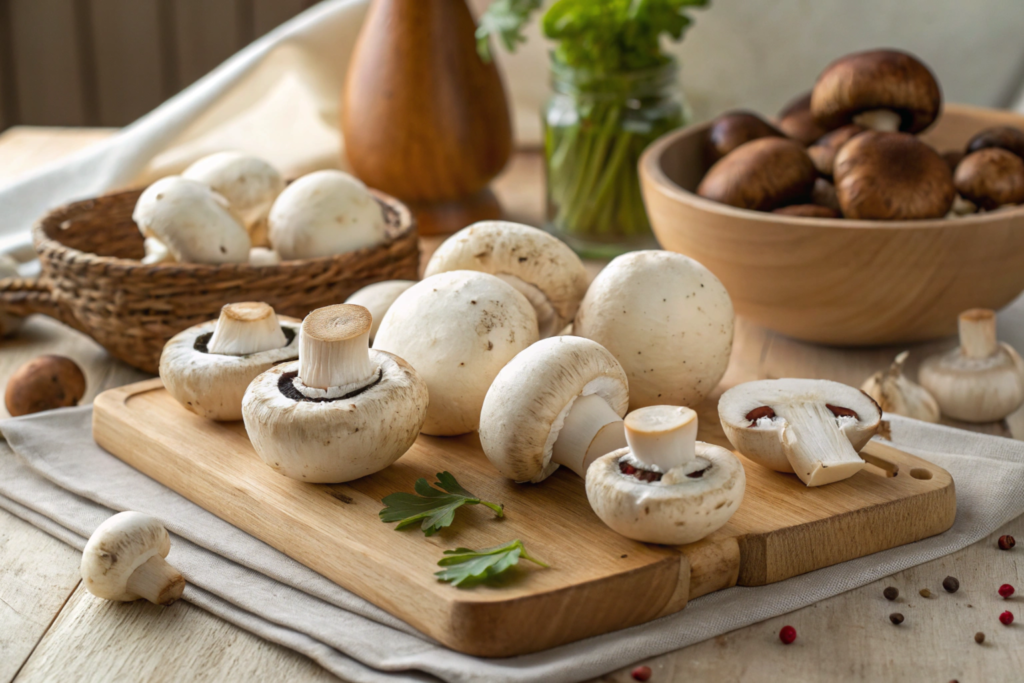  Different types of button mushrooms on display.