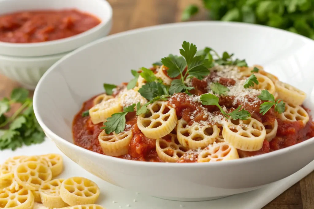 Wagon wheel pasta with marinara sauce in a bowl.