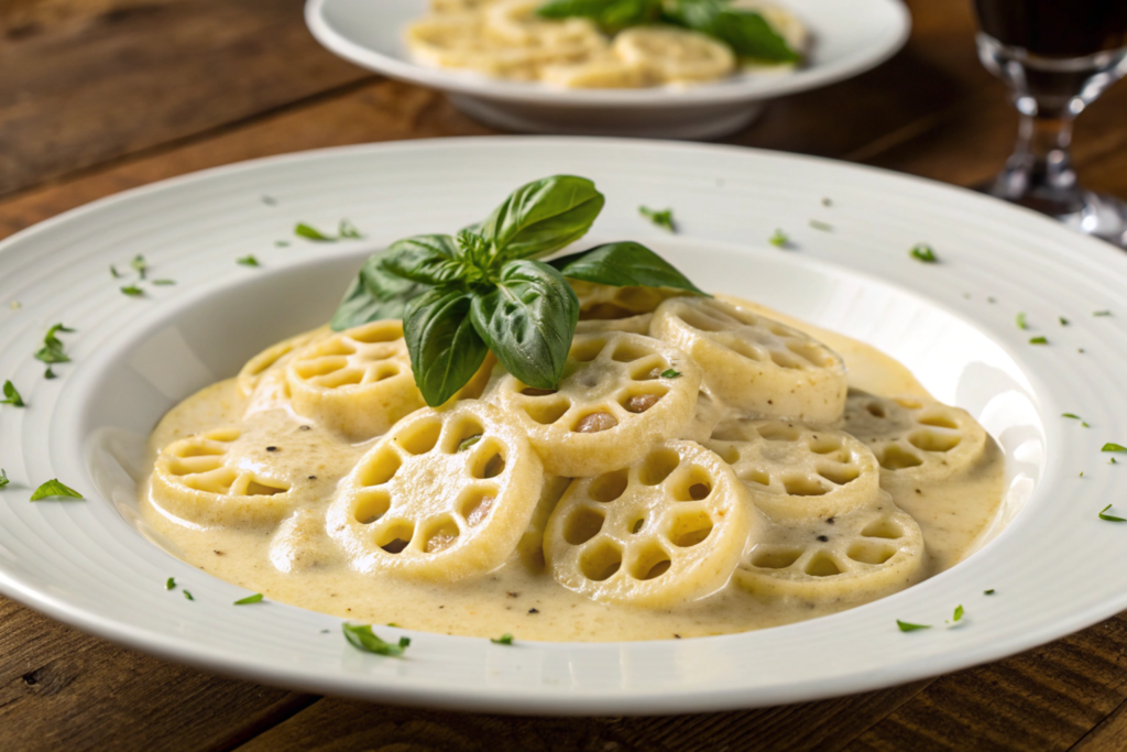 Wagon wheels pasta with creamy Alfredo sauce.