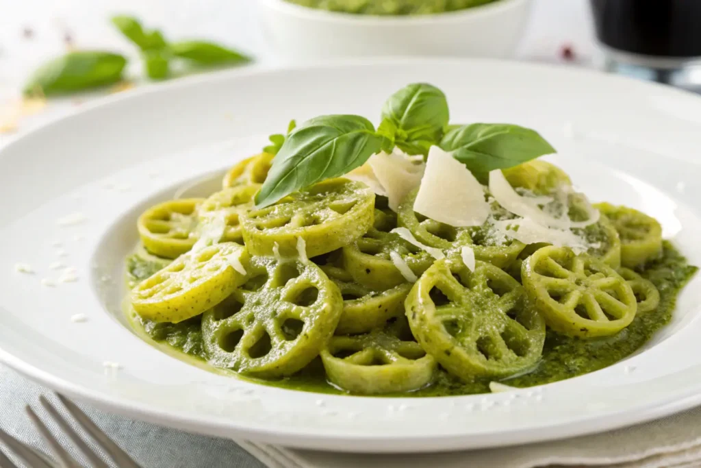 Wagon wheels pasta served with pesto sauce.