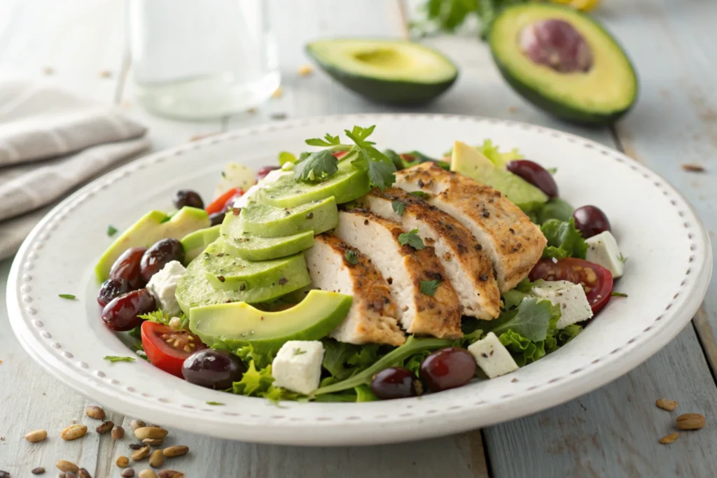 A Greek salad with grilled chicken and avocado on a plate.