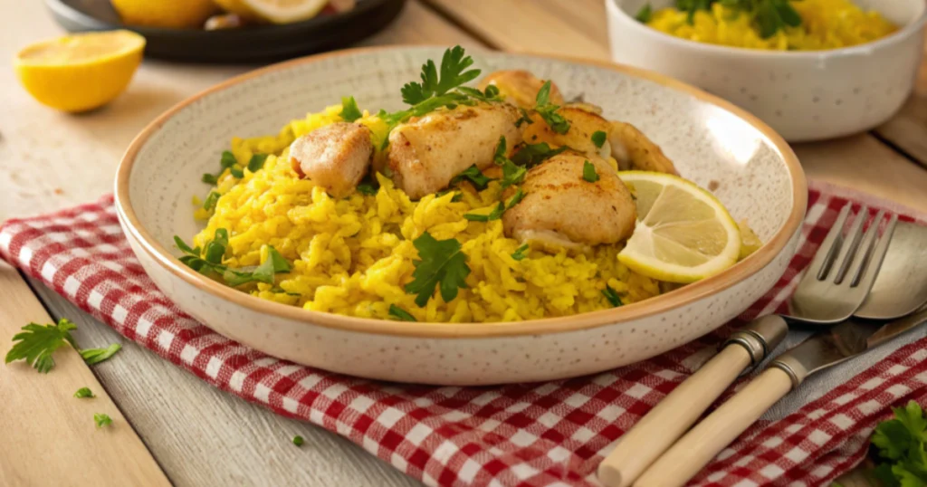 : A vibrant plate of yellow rice and chicken garnished with parsley.