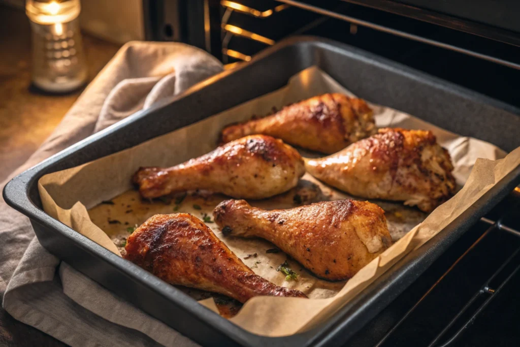 Alt Text: Turkey drumsticks roasting in the oven on a baking tray