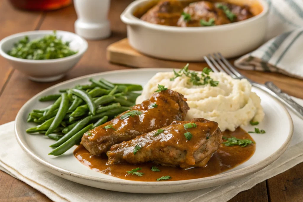 Smothered turkey wings served with mashed potatoes and green beans