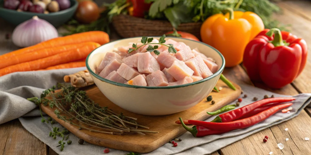 A bowl of chopped turkey surrounded by fresh vegetables.