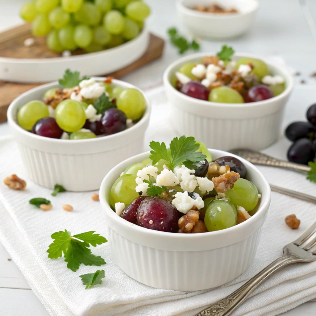 Grape salad served in small bowls with spoons.