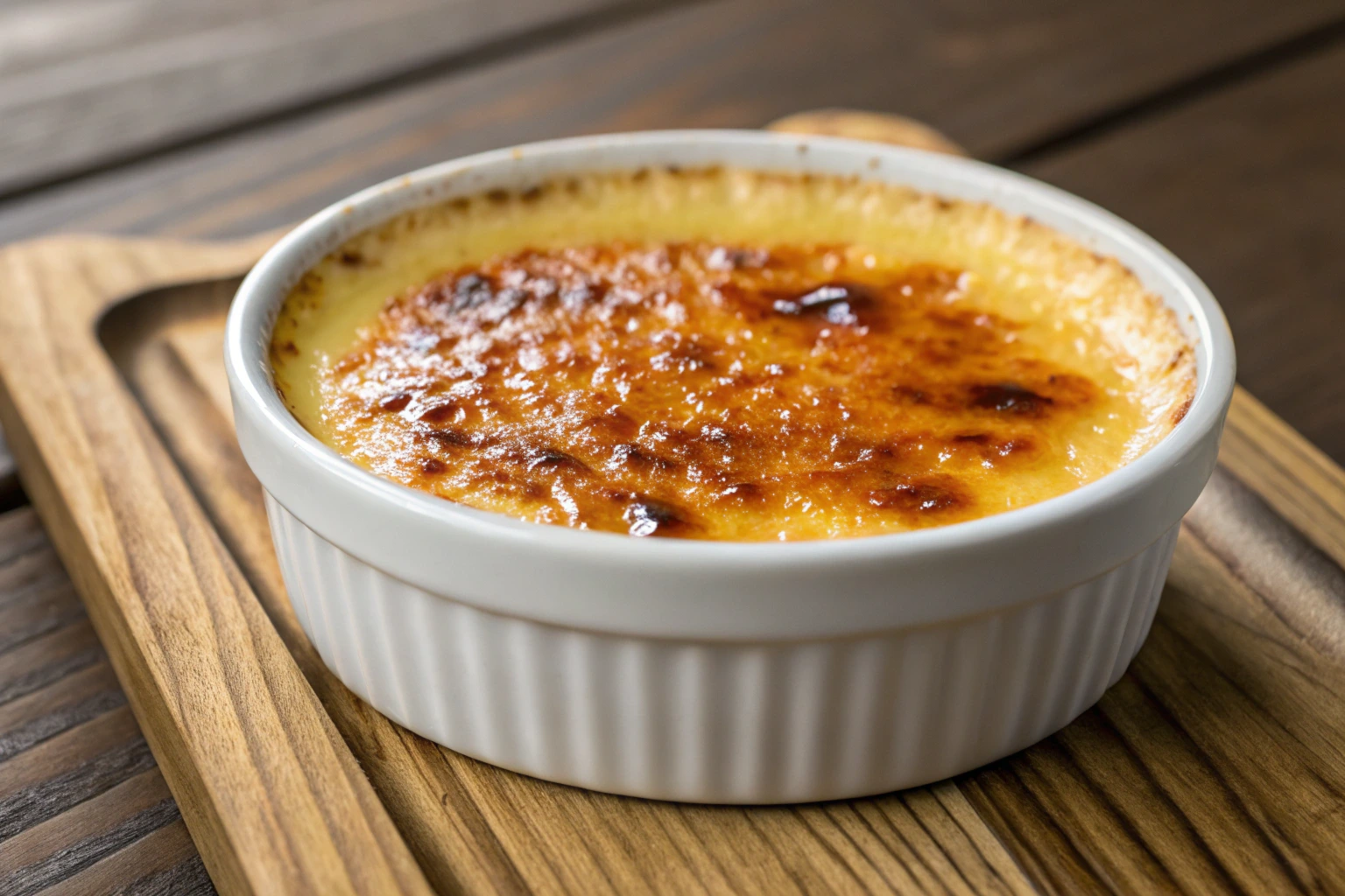 A ramekin filled with crab brulee, topped with caramelized sugar..