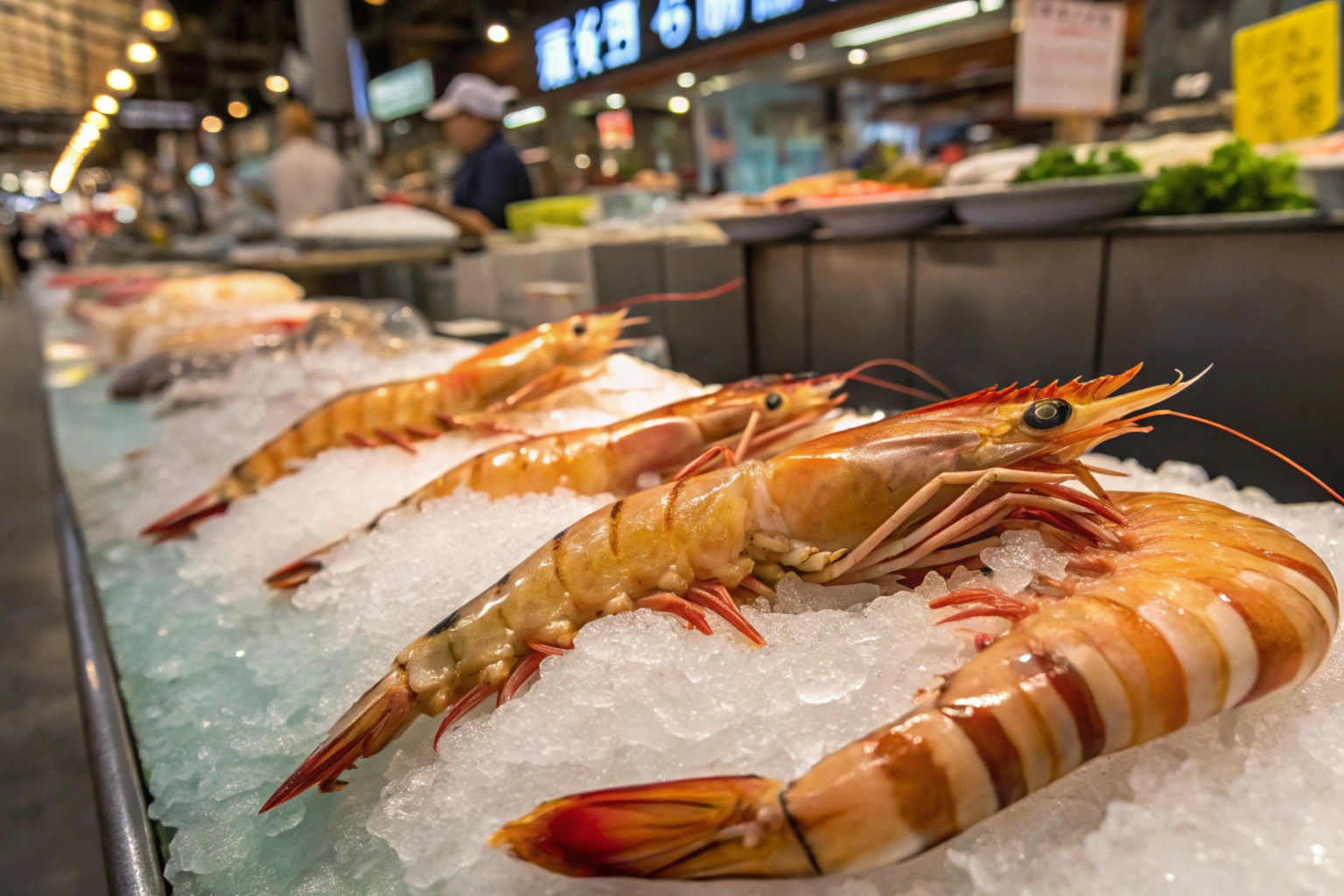 Fresh tiger shrimp on ice at a seafood market