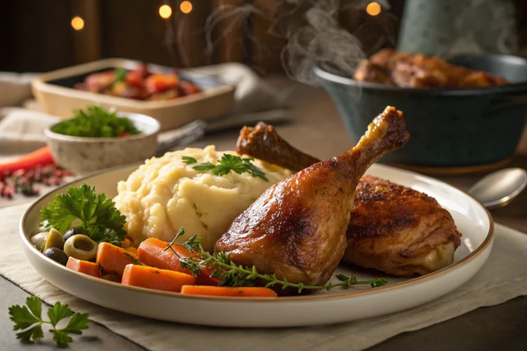 A plate of roasted turkey drumsticks with mashed potatoes and vegetables