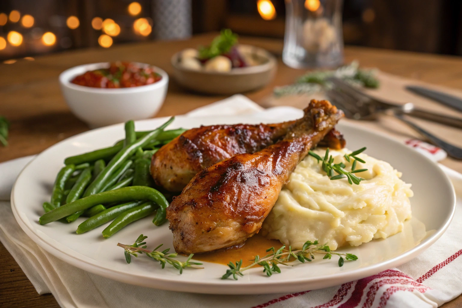 Juicy roasted turkey drumsticks served with mashed potatoes and greens