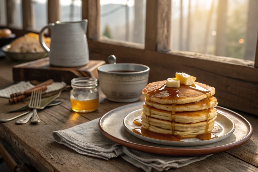 Stack of Cracker Barrel pancakes with butter and syrup