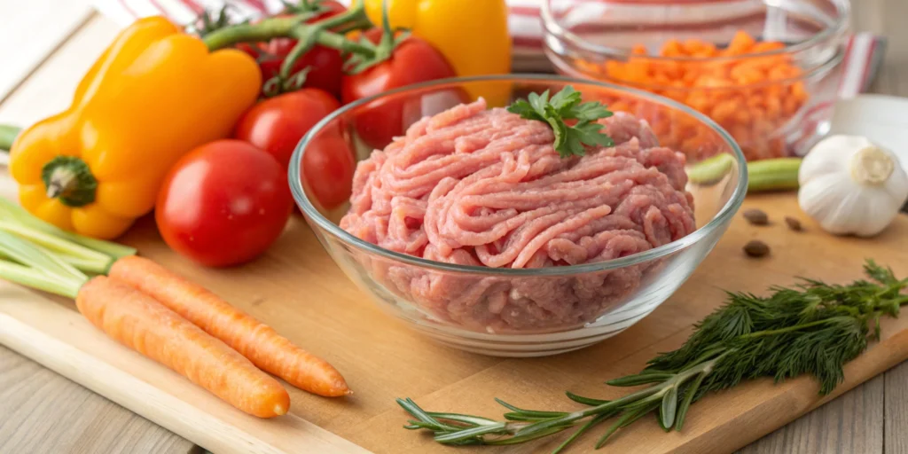 A detailed and realistic depiction of raw ground turkey in a glass bowl with colorful fresh vegetables around it on a wooden countertop.