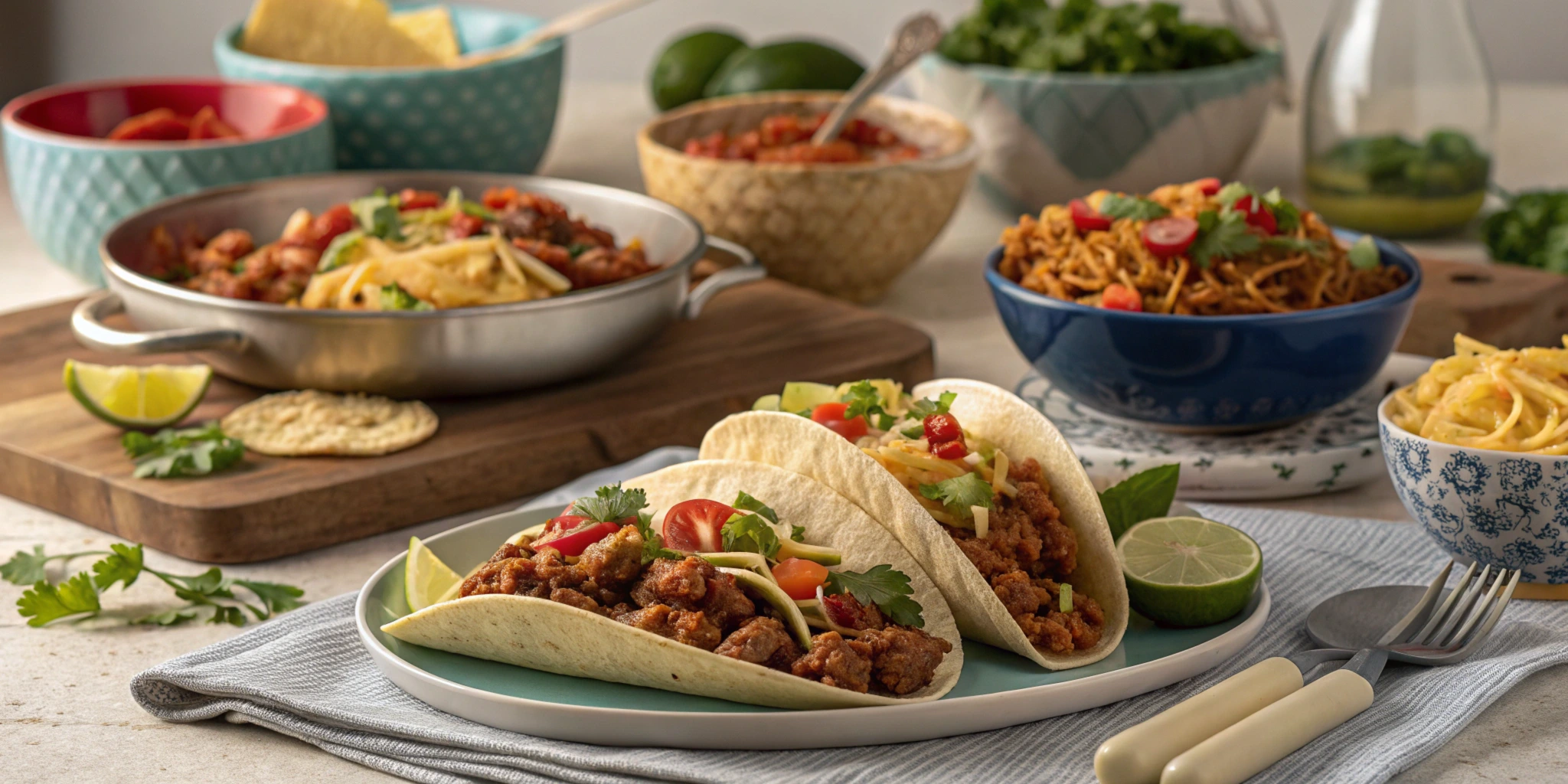 A variety of ground turkey dishes on a dinner table.