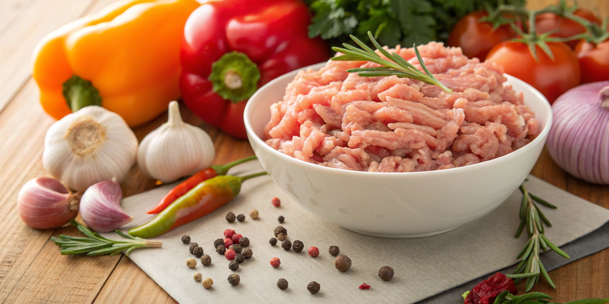 Ground turkey in a bowl surrounded by fresh vegetables and spices.