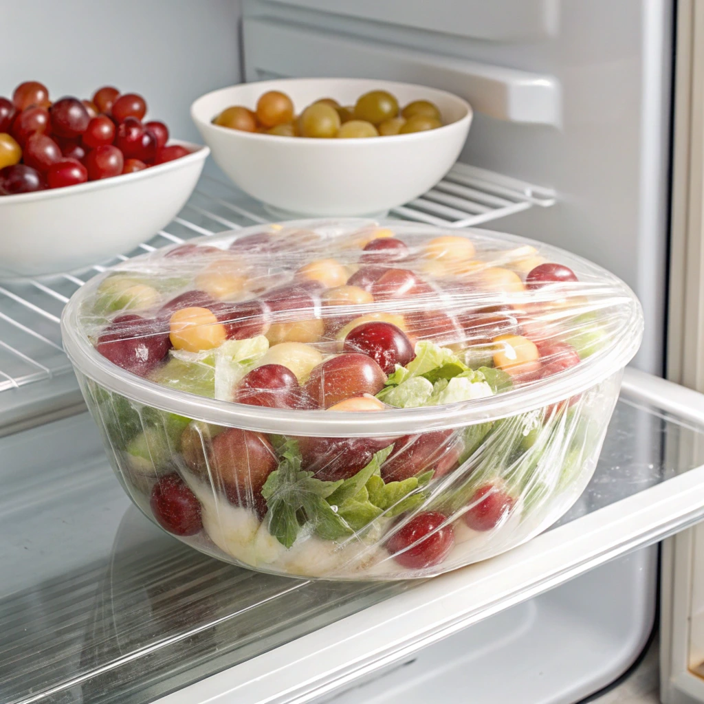 Grape salad chilling in a glass bowl in the refrigerator.