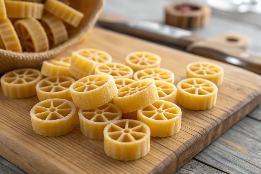 Uncooked wagon wheel pasta on a rustic wooden surface.