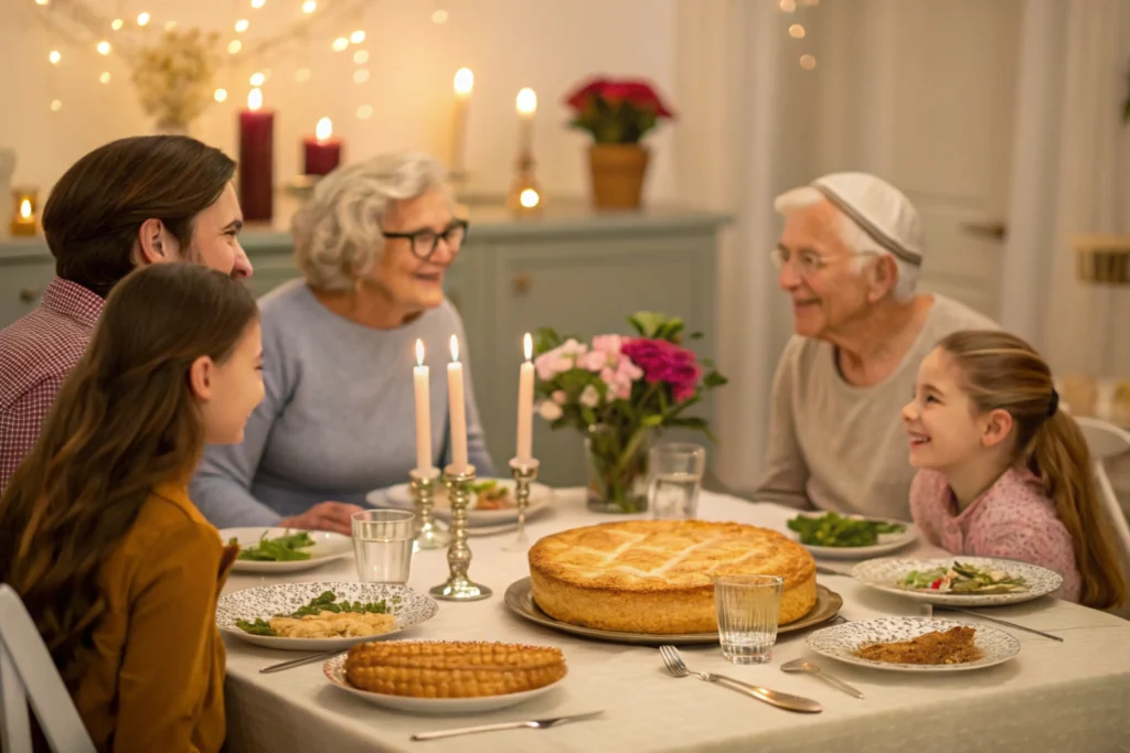 A family enjoying Passover potato pie during a Seder meal.