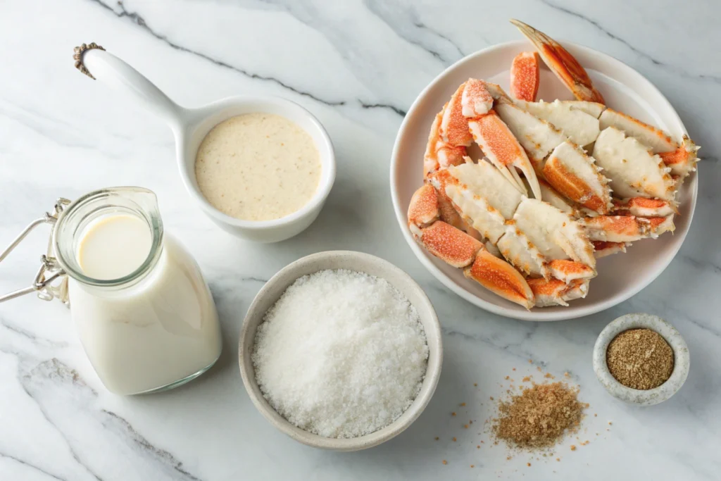 Ingredients for crab brulee, including fresh crab meat, cream, sugar, and seasoning.